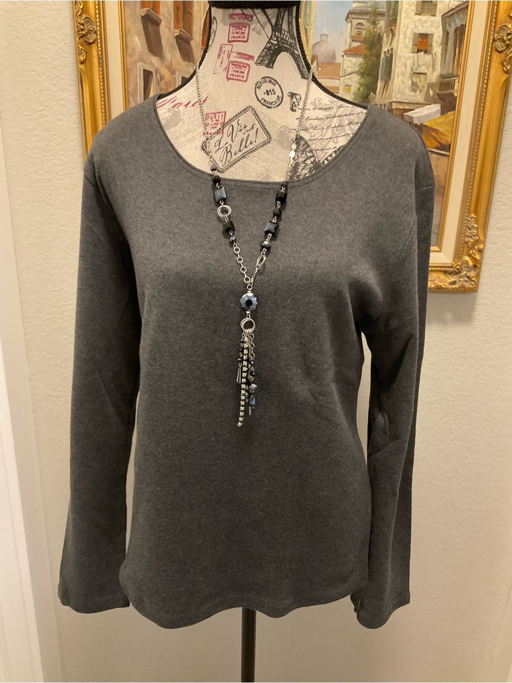 Karen Scott Charcoal Gray Long Sleeve Scoop Neck Tee Size L